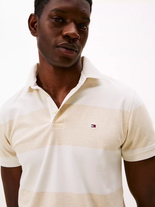 Tommy Hilfiger Men's Slim Fit Rugby Stripe Polo in Beige/White Stripe