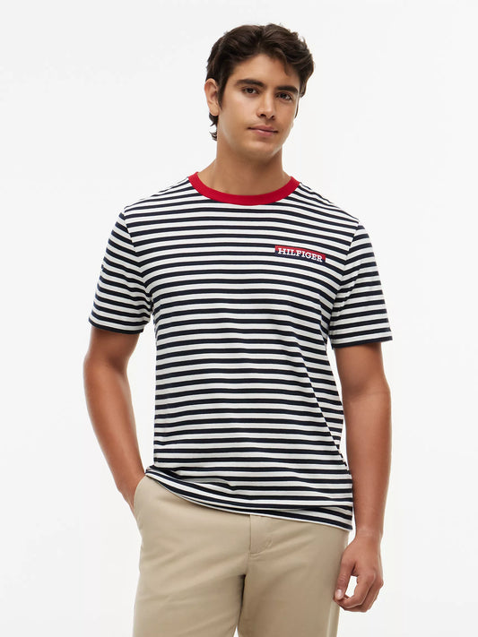 Tommy Hilfiger Men's Striped Hilfiger Logo T-Shirt in Ivory Silk/Navy Stripe