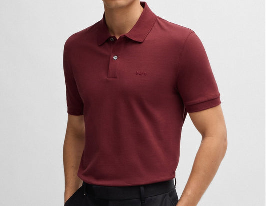 Hugo Boss Pallas Cotton Polo Shirt with Embroidered Logo in Dark Red