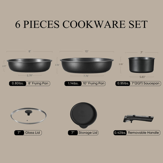 Carote Nonstick Detachable Pots and Pans Set, 6 Pieces (Black Granite)