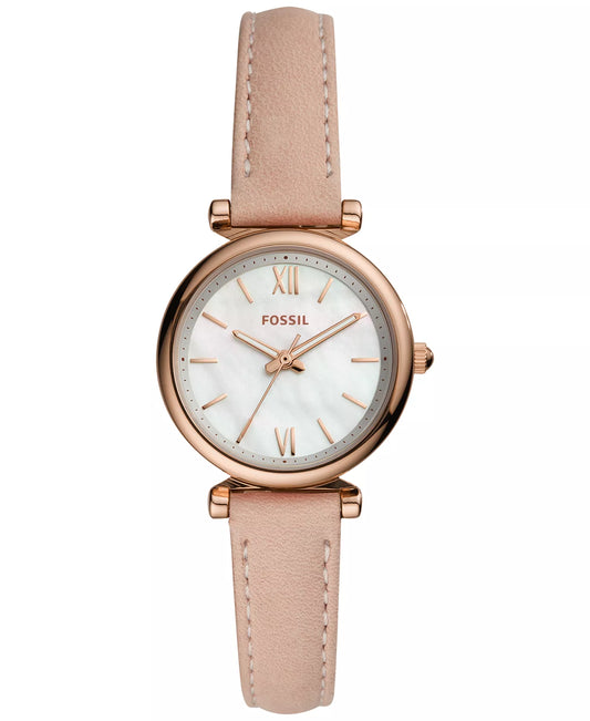 Fossil Women’s Carlie Mini Leather Strap Watch (28mm, Blush — Model ES4699)