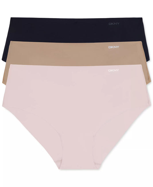 DKNY Women's 3-Piece Litewear Cut Anywear Hipster Underwear in the Black Glow Pearl Cream