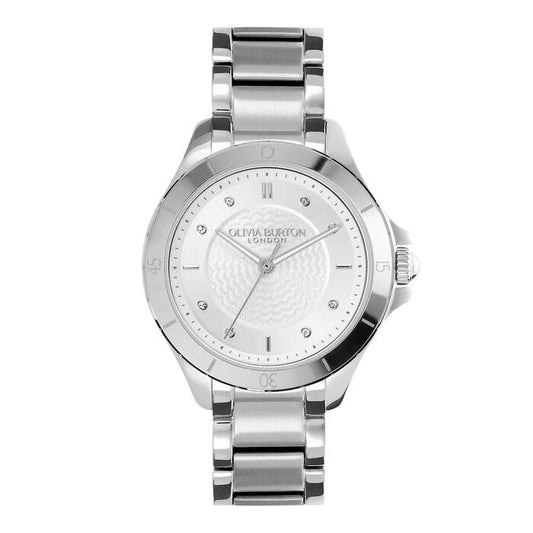 Olivia Burton Guilloche Metallic Women’s Watch, 36mm in Silver White and Stone with Index