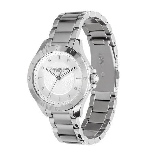 Olivia Burton Guilloche Metallic Women’s Watch, 36mm in Silver White and Stone with Index