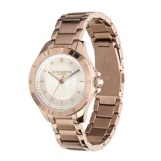 Olivia Burton Guilloché Metallic Women’s Watch, 36mm in Silver White and Stone with Index
