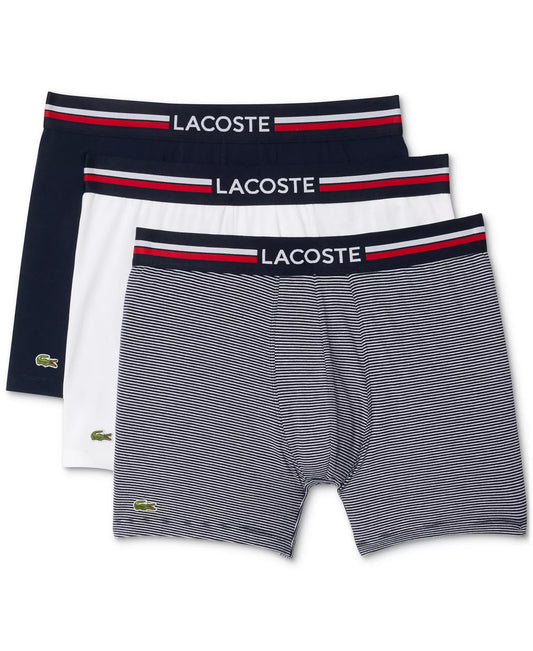 Lacoste Men's Regular Fit Stretch French Flag Boxer Briefs, Pack of 3 in Navy Blue Assorted