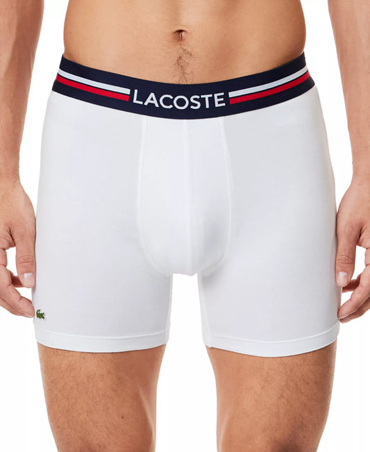 Lacoste Men's Regular Fit Stretch French Flag Boxer Briefs, Pack of 3 in Navy Blue Assorted
