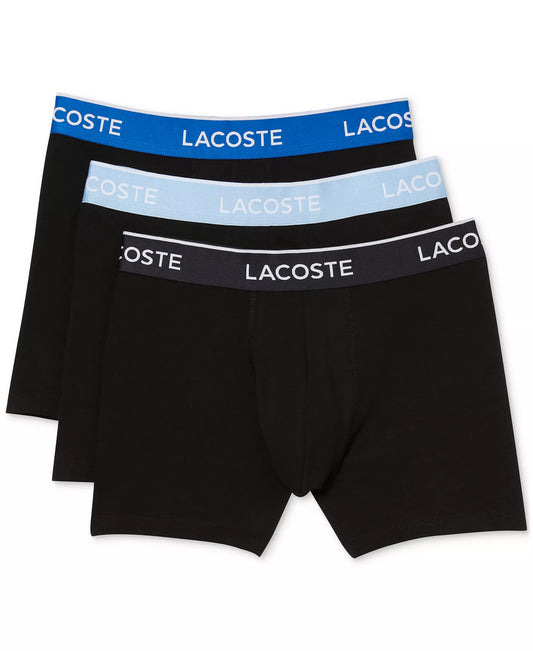 Lacoste Men’s Cotton Stretch Color Waistband Boxer Briefs, 3-Pack in Black/Light Blue/Blue