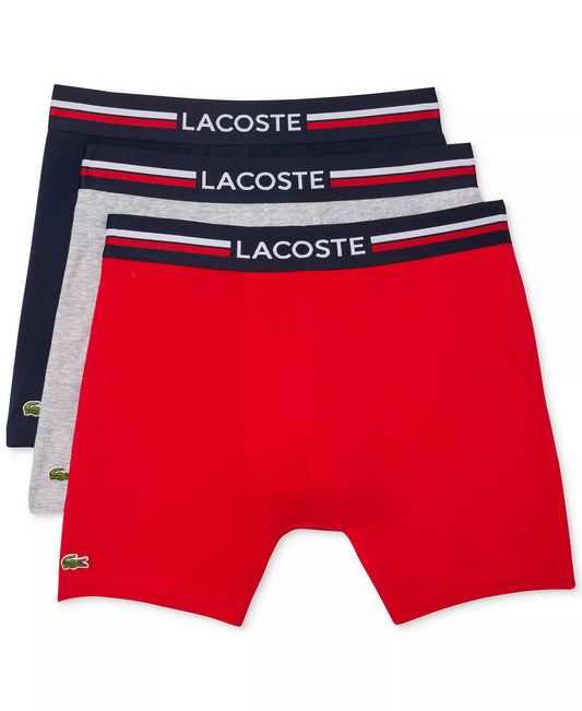 Lacoste Men’s 3-Pack Cotton Stretch French Flag Boxer Briefs in Red/Gray/Navy