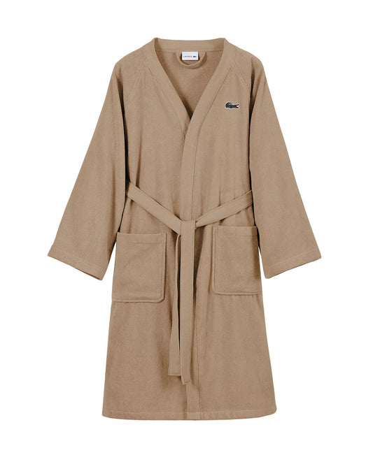 Lacoste Home Logo Patch 100% Cotton Piqué Bath Robe in Sand