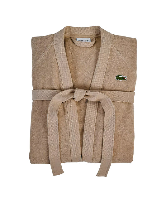 Lacoste Home Logo Patch 100% Cotton Piqué Bath Robe in Sand