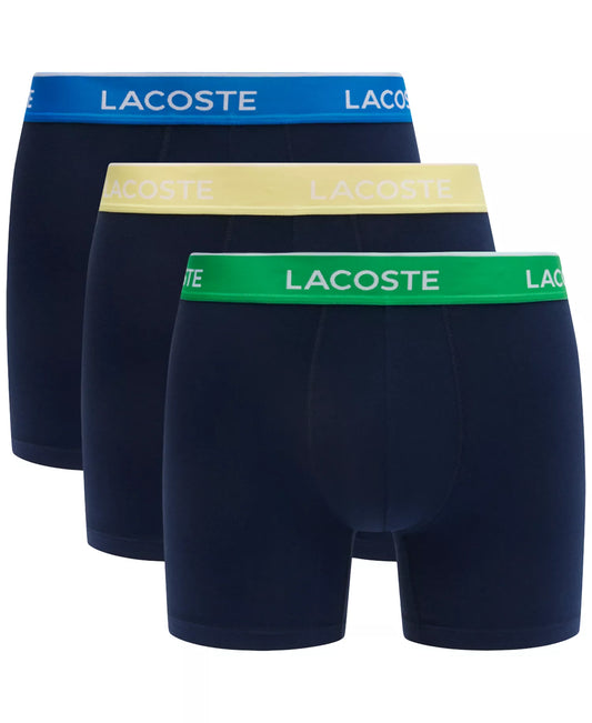 Lacoste Men's Cotton Stretch Color Waistband Boxer Briefs, 3-Pack in Navy Blue/ Green/Yellow