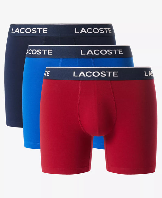 Lacoste Men’s 3-Pack Regular-Fit Logo Waistband 5" Boxer Briefs in Navy/Blue/Red