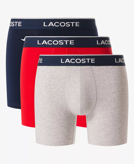 Lacoste Men’s 3-Pack Regular-Fit Logo Waistband 5" Boxer Briefs in Navy/Red/Gray