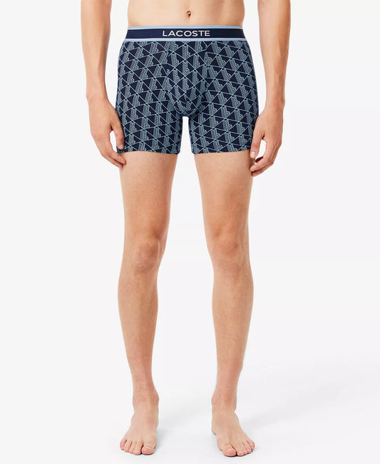 Lacoste Men's 3-Pack Regular-Fit Monogram 5" Boxer Briefs in Black/Navy/Blue