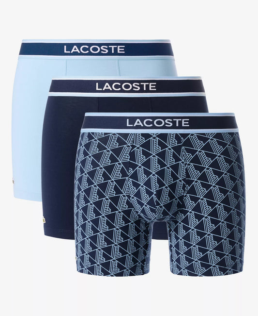 Lacoste Men's 3-Pack Regular-Fit Monogram 5" Boxer Briefs in Black/Navy/Blue