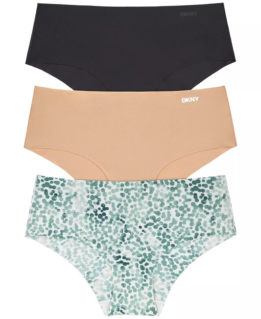 DKNY Women's 3-Piece Litewear Cut Anywear Hipster Underwear in the Black/Glow/Watercolor Dot