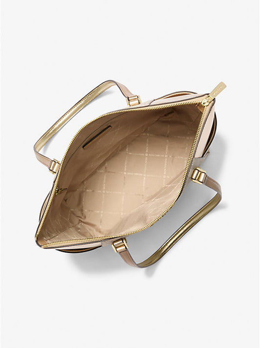 Michael Kors Charlotte Large Signature Logo and Metallic Top-Zip Tote Bag