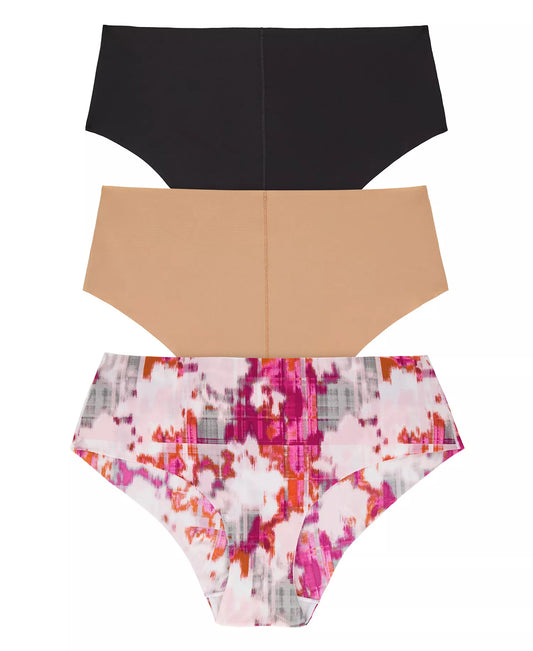 DKNY Women's 3-Piece Litewear Cut Anywear Hipster Underwear in the Black/Glow/Pink Mirage