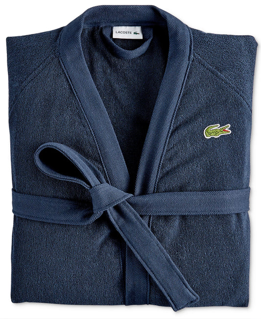 Lacoste Home Logo Patch 100% Cotton Piqué Bath Robe in Black Iris