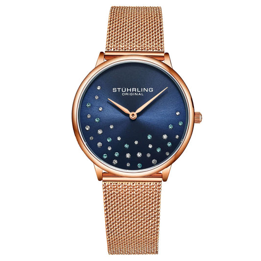 Stührling Original Symphony 3928 (Quartz 35mm Classic) with a Blue Dial, Rose Gold Hands, and Mesh Bracelet