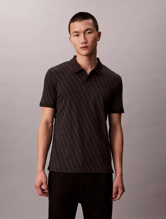 Calvin Klein Liquid Touch Monogram Print Polo Shirt | Black