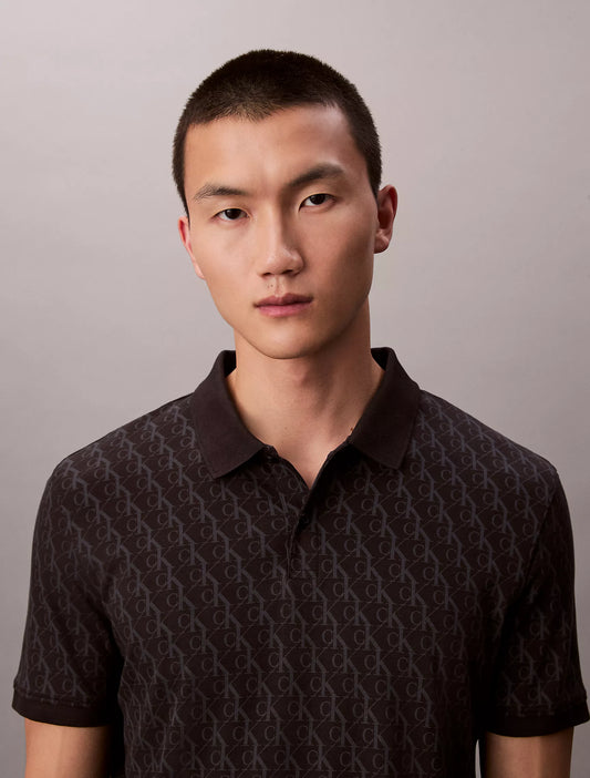 Calvin Klein Liquid Touch Monogram Print Polo Shirt | Black