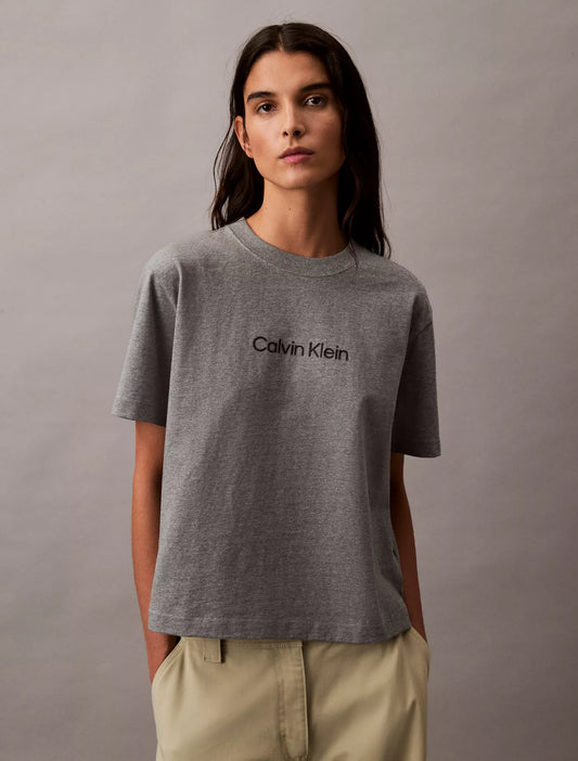 Calvin Klein Women's Standard Logo Boxy Fit Crewneck T-Shirt in Medium Grey Heather