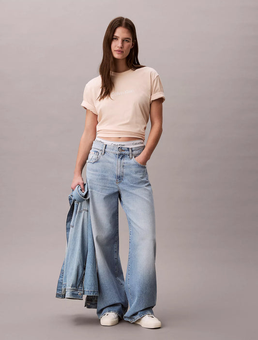 Calvin Klein Women's Standard Logo Boxy Fit Crewneck T-Shirt in Mother Of Pearl