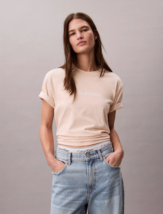 Calvin Klein Women's Standard Logo Boxy Fit Crewneck T-Shirt in Mother Of Pearl