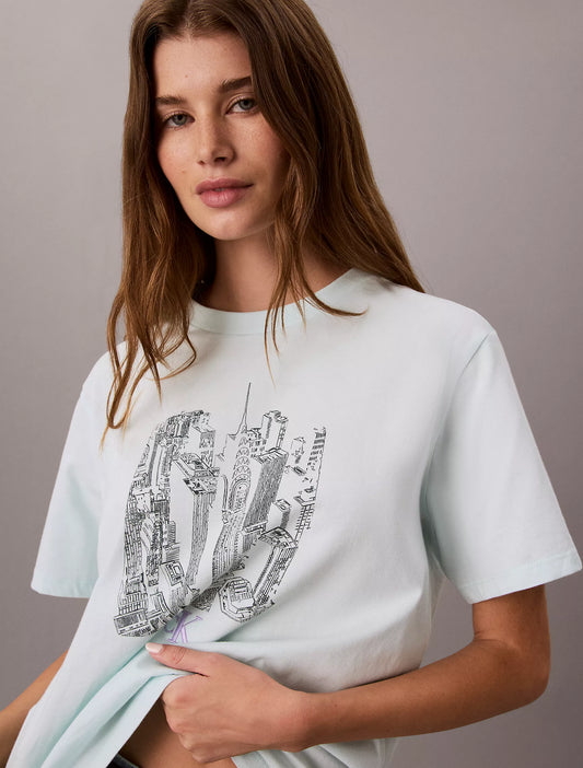 Calvin Klein Women's Cityscape Graphic Crewneck Tee in Aqua Breeze