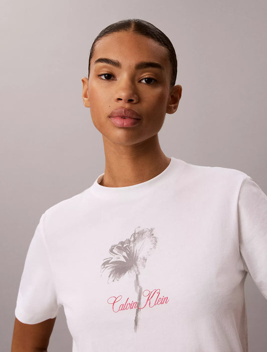 Calvin Klein Women's Floral Graphic Classic Tee in "Bright White"