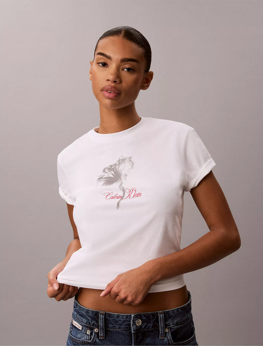 Calvin Klein Women's Floral Graphic Classic Tee in "Bright White"