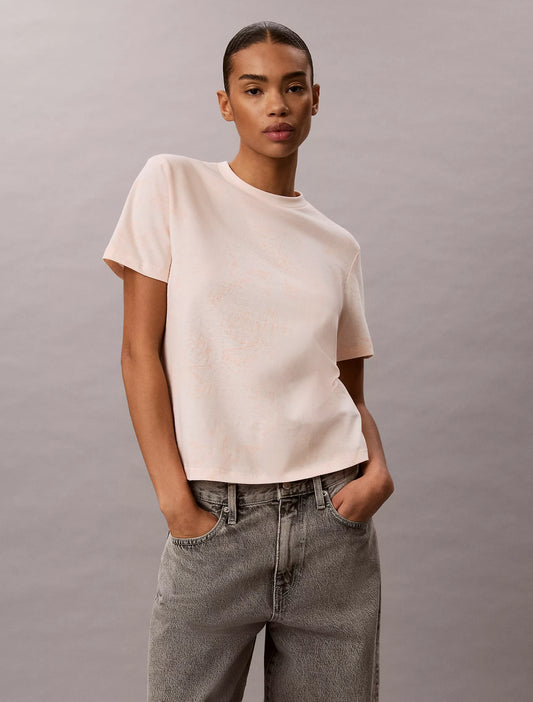 Calvin Klein Women's Floral Graphic Classic Tee in Soft Pink Aop