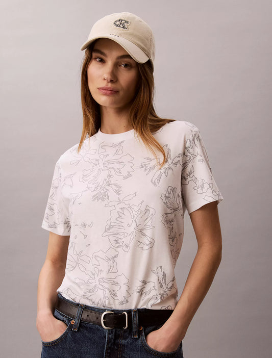 Calvin Klein Women's Floral Graphic Classic Tee in Bright White Aop