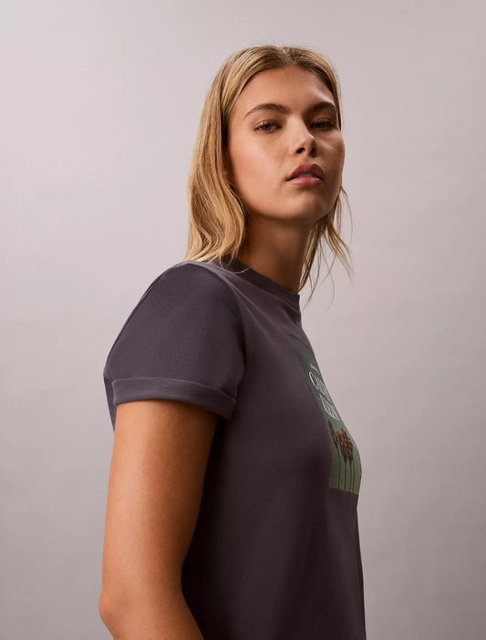 Calvin Klein Womens's Palm Tree Logo Graphic T-Shirt in Coal