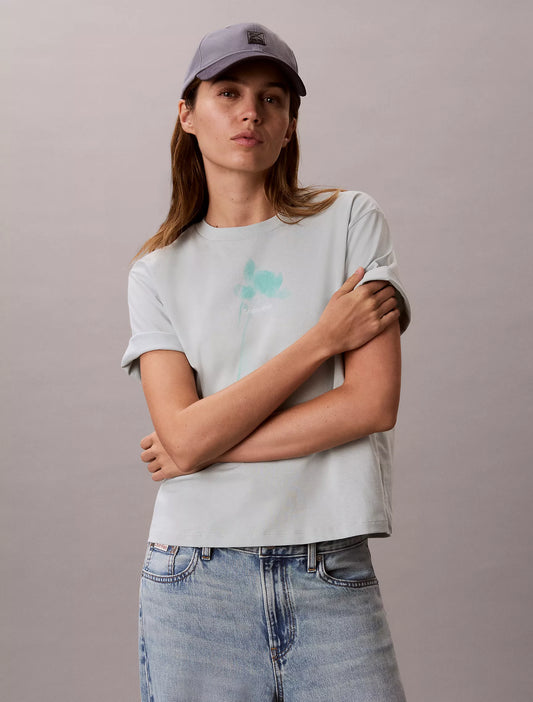Calvin Klein Women's Floral Logo Graphic Boxy T-Shirt in Pale Meadow