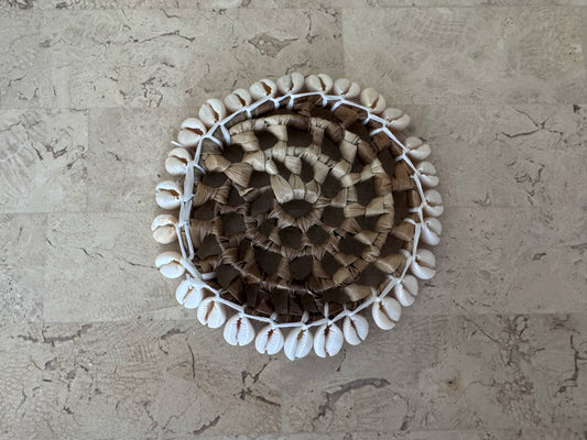 Small Coastal Boho Round Wicker Weaved Coaster with Cowry Shell Border