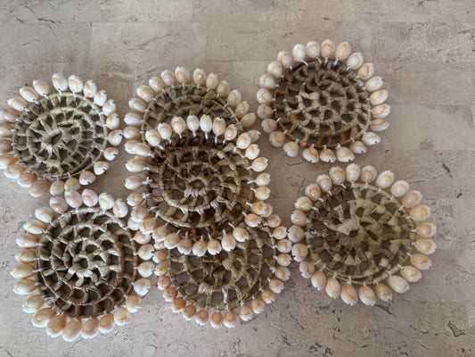 Small Coastal Boho Round Wicker Weaved Coaster with Cowry Shell Border