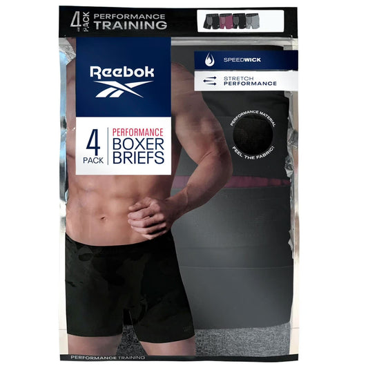 Reebok Men's 4-Pack Performance Boxer Briefs in Black/Fig/Grey/Heather