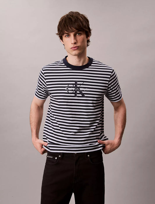 Calvin Klein Monogram Stripe Relaxed T-Shirt in Xenon Blue