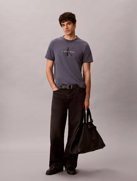 Calvin Klein Acid Wash Monologo Graphic Tee in Blue Nomad