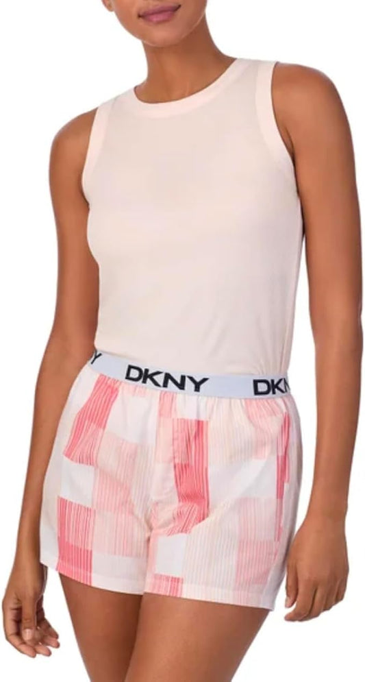 DKNY Women's 2-Piece Tank Top & Short Set in Pearl Cream Pink Plaid Stripe Print