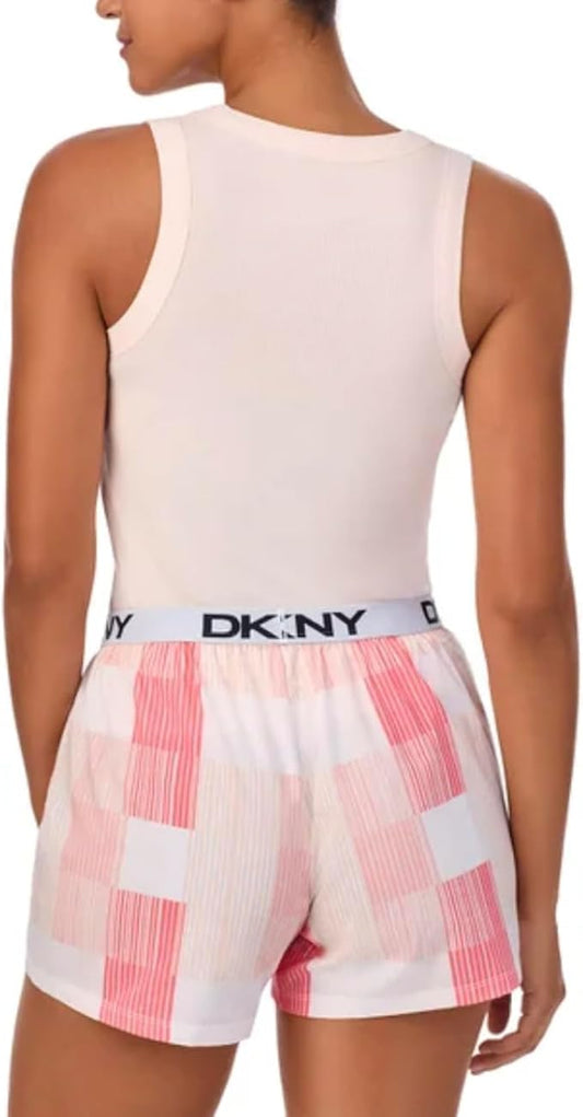 DKNY Women's 2-Piece Tank Top & Short Set in Pearl Cream Pink Plaid Stripe Print