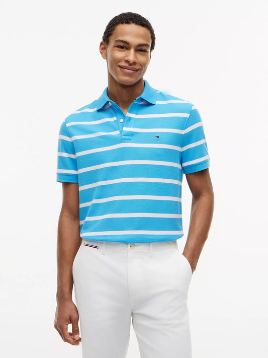 Tommy Hilfiger Regular Fit Striped Wicking Polo in Blue Crush/White Stripe