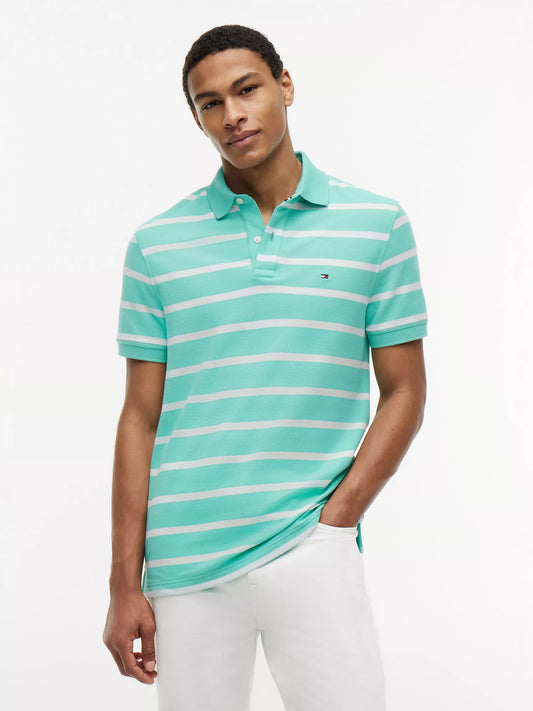 Tommy Hilfiger Regular Fit Striped Wicking Polo in Light Jade Green/White Stripe