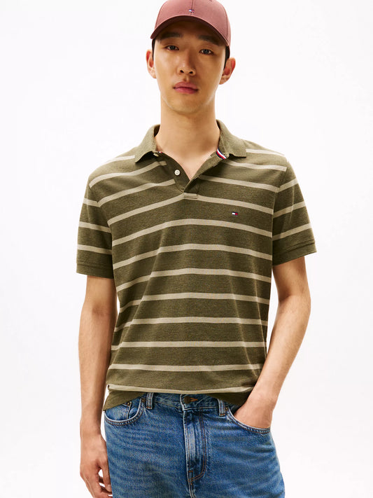 Tommy Hilfiger Regular Fit Striped Wicking Polo in Green Stripe