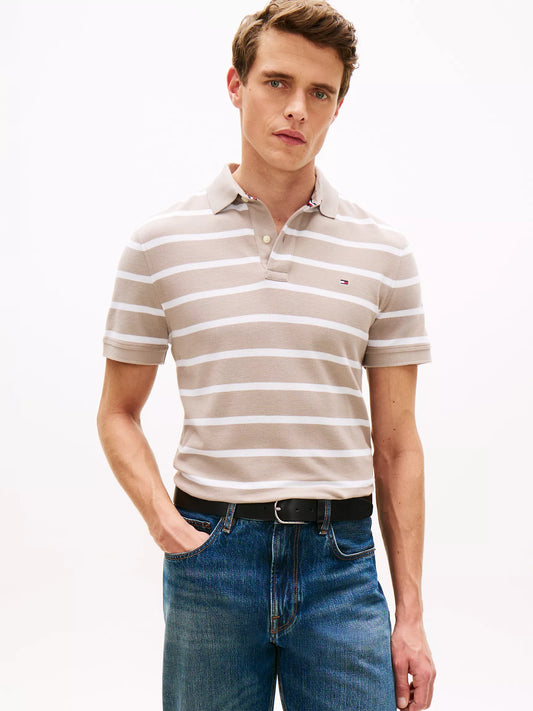 Tommy Hilfiger Regular Fit Striped Wicking Polo in Smooth Taupe/White Stripe
