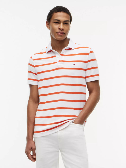 Tommy Hilfiger Regular Fit Striped Wicking Polo in Brilliant Orange/White Stripe