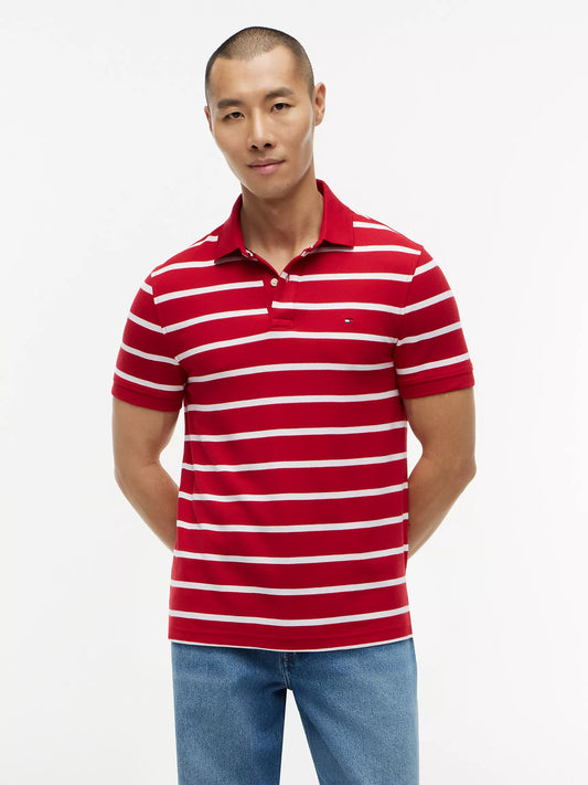 Tommy Hilfiger Regular Fit Striped Wicking Polo in Medium Red/White Stripe